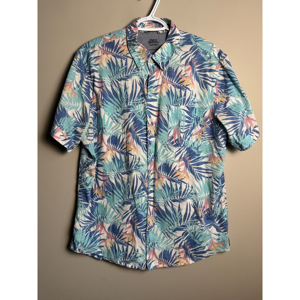 IZOD Saltwater Relaxed Classics Floral Palm Leaf Short Sleeve Shirt Tropical L